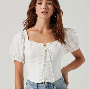 ASTR THE LABEL Lace Up Puff Sleeve Top White Cream Linen Puff Sleeve Cro…